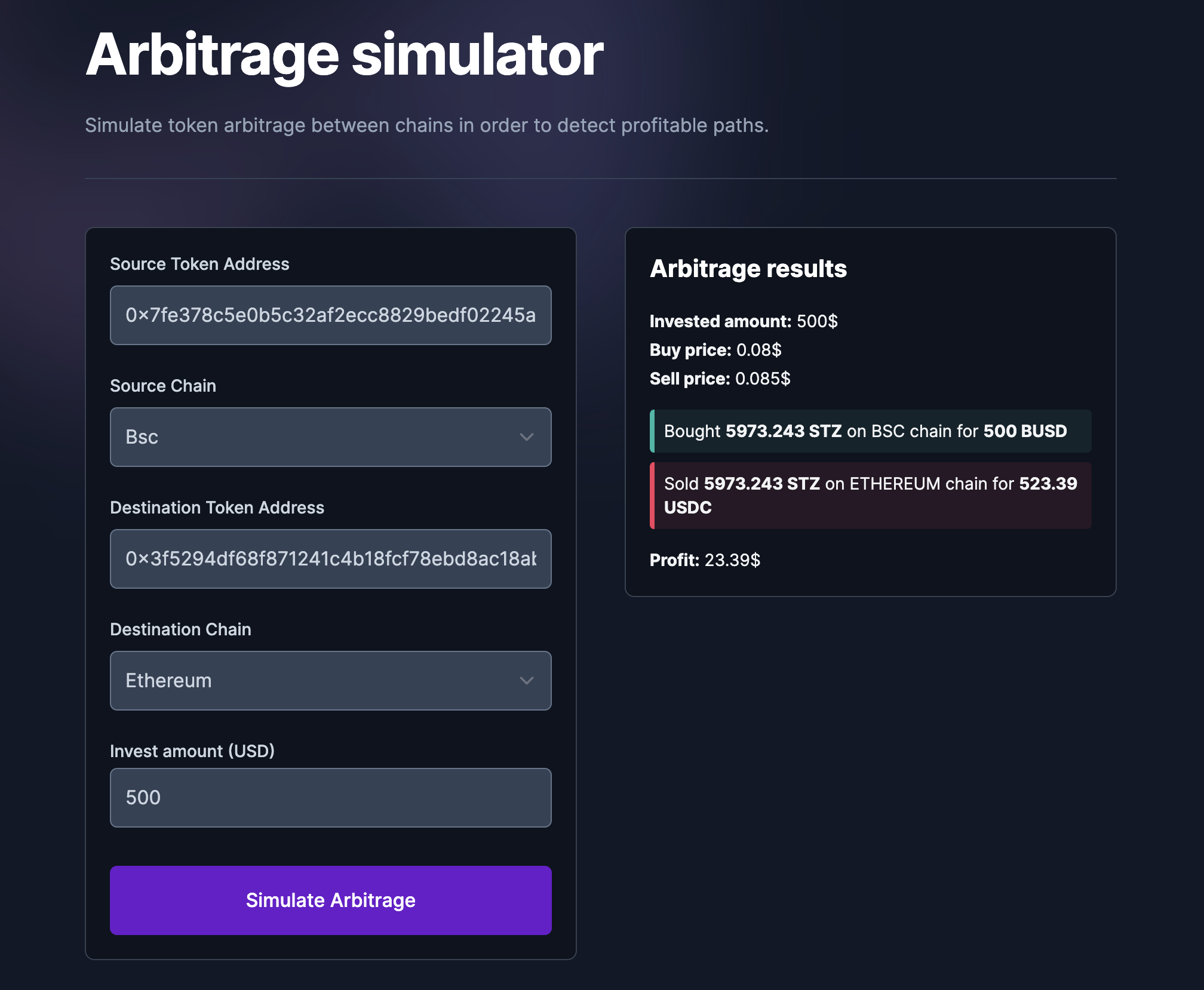 cross chain arbitrage simulator, alphador